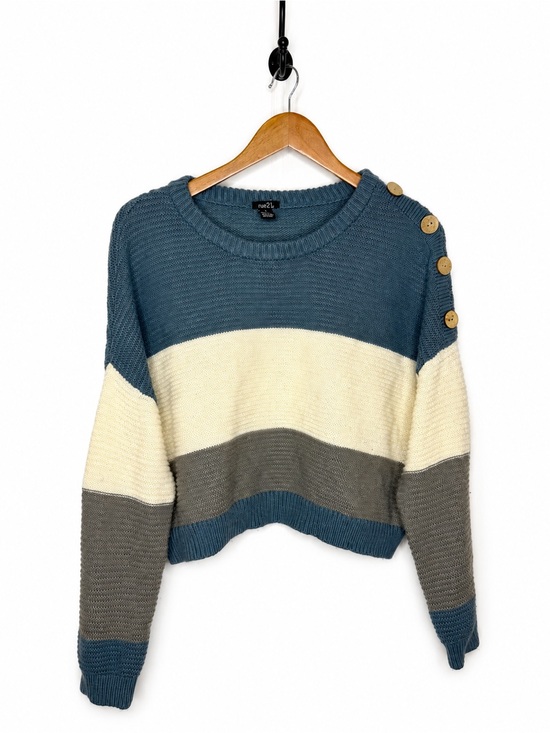 Rue21 Sweaters - Rue21 Women XL Color Block Cropped Knit Sweater Blue Gray Cream Button Shoulder